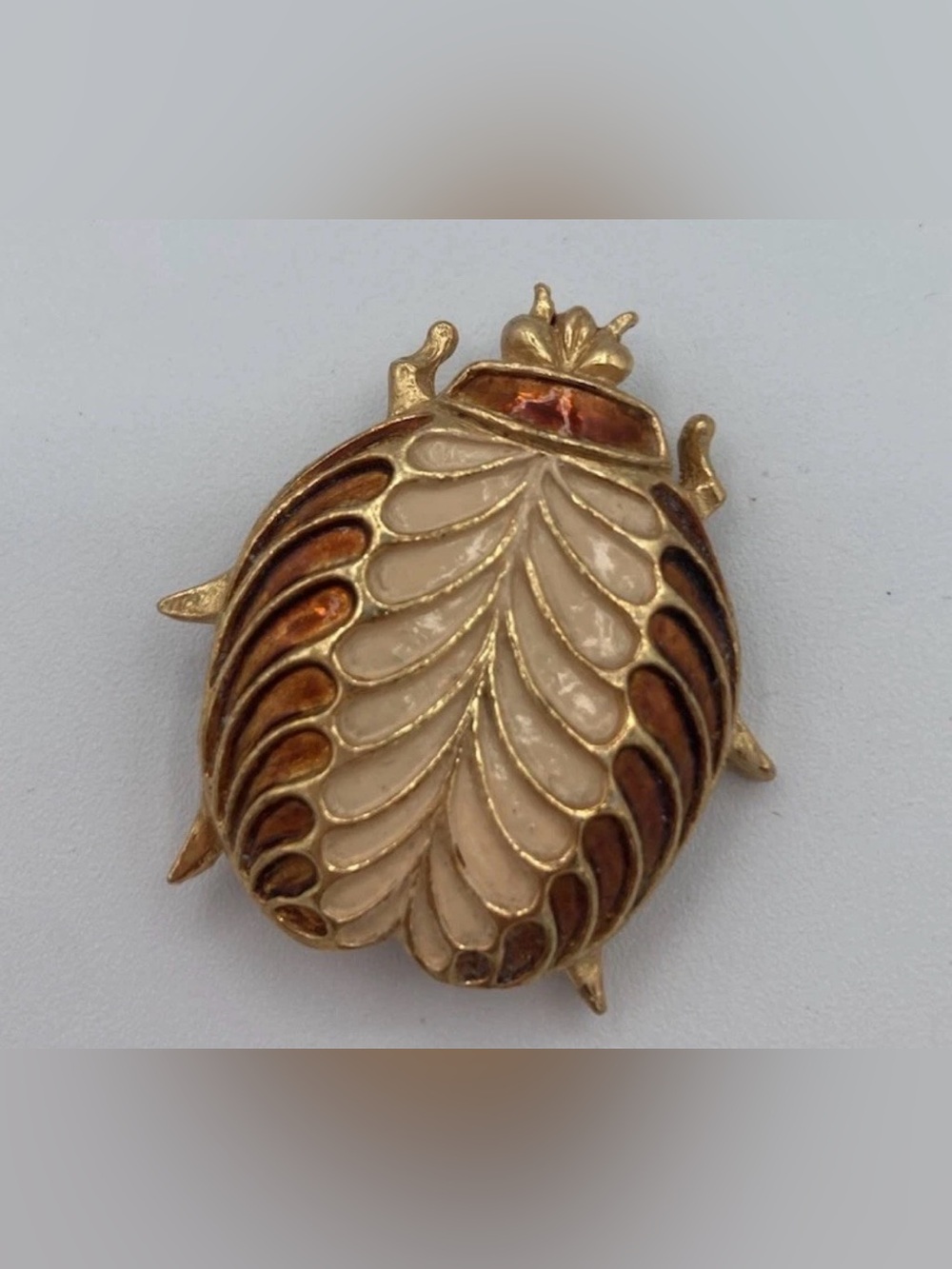 Beetle Bug Pin Brooch JJ Sienna Cream Enameled  1950s Vintage MCM